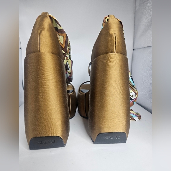 Versace Sandals 3 Strap Satin Platform Wedge Sandals SZ 5 - Picture 2 of 7